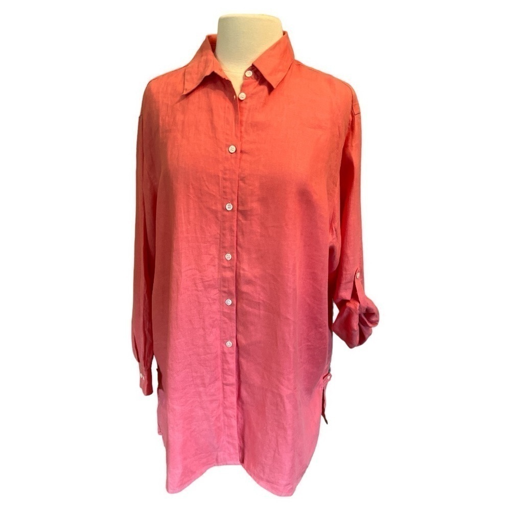 Valerie Steven’s Button Down Coral Linen Oversize Blouse Tab Sleeve Sz 20‌‌‌‌‌